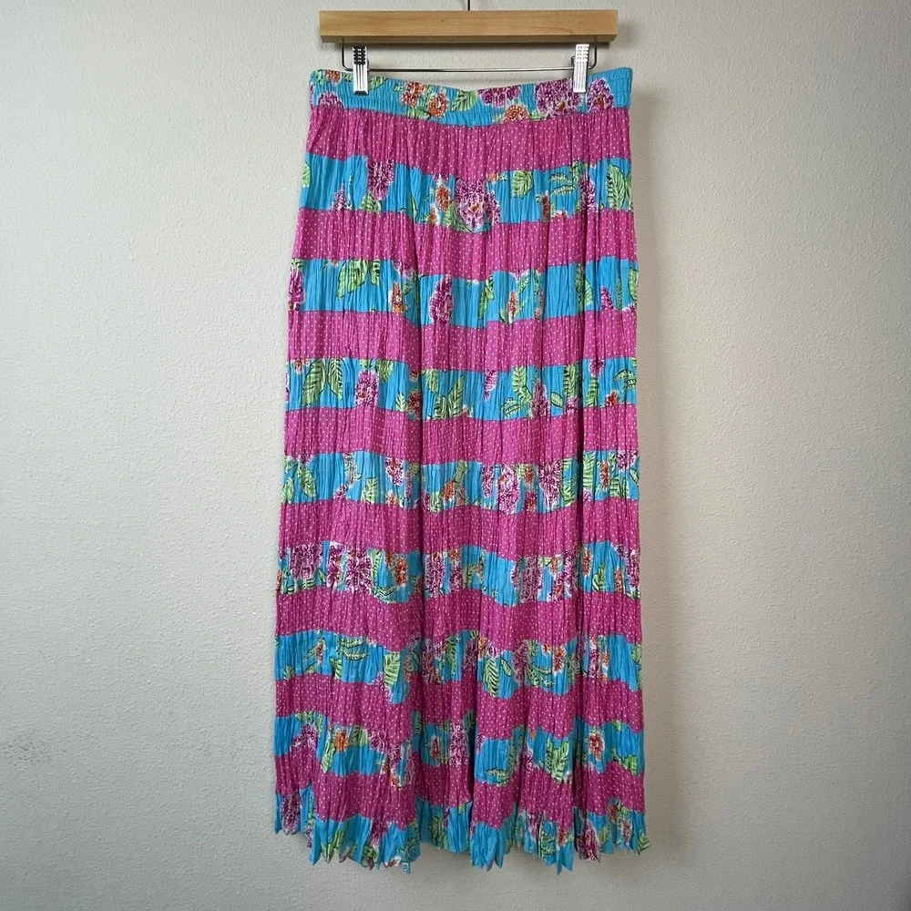 Phool Maxi Skirt Womens Large Pink Blue Floral Polka Dot Boho‎ Tiered Vintage